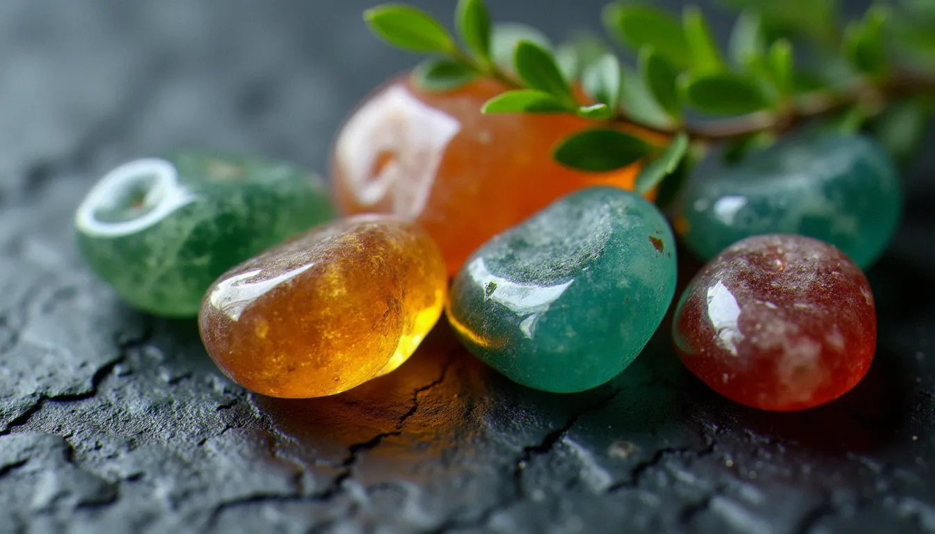 Différentes variétés d'aventurine aux couleurs verte, orange, bleue et rouge-brun disposées sur une ardoise sombre avec une branche végétale