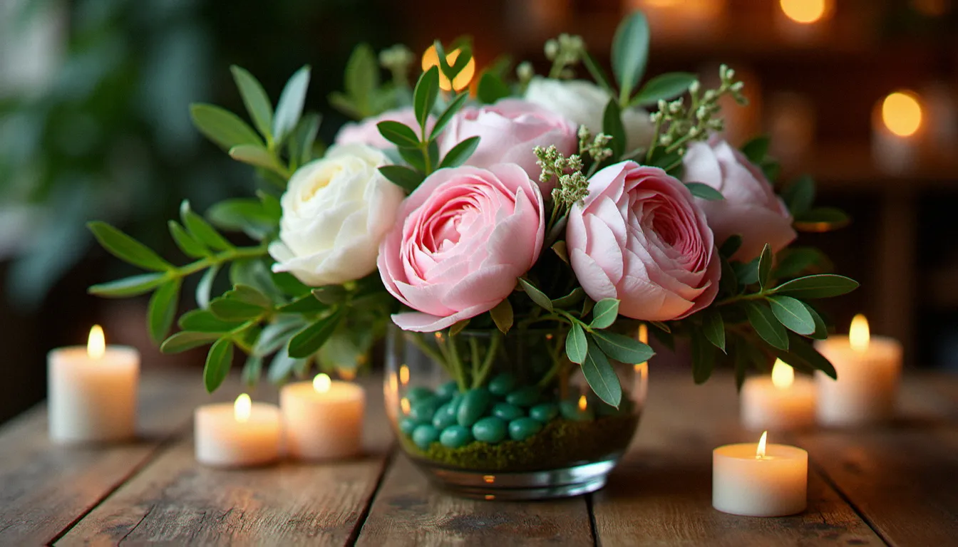 Composition florale de table avec pivoines blush, eucalyptus et galets d'aventurine verte posés dans de la mousse humide, ambiance lumière de bougies