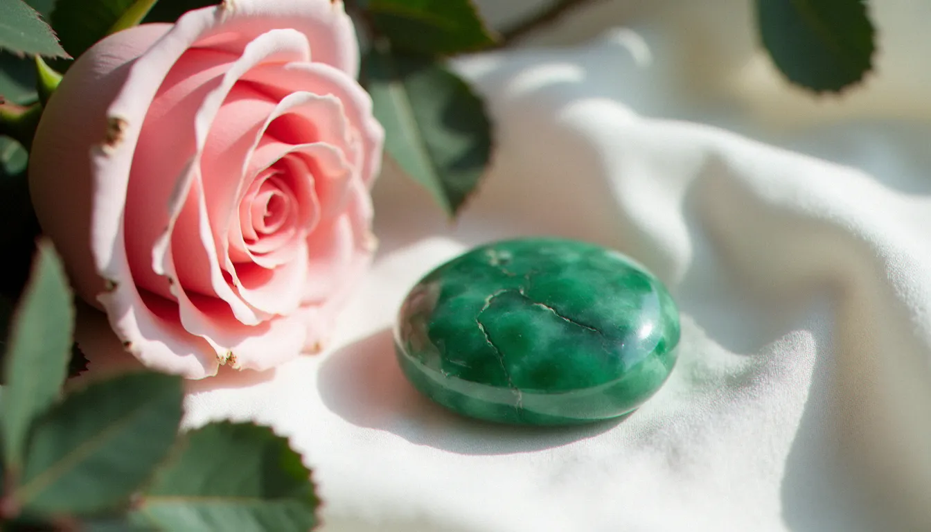 Pierre d'aventurine verte polie posée sur un tissu blanc, entourée de roses et de feuilles d'eucalyptus, lumière naturelle douce