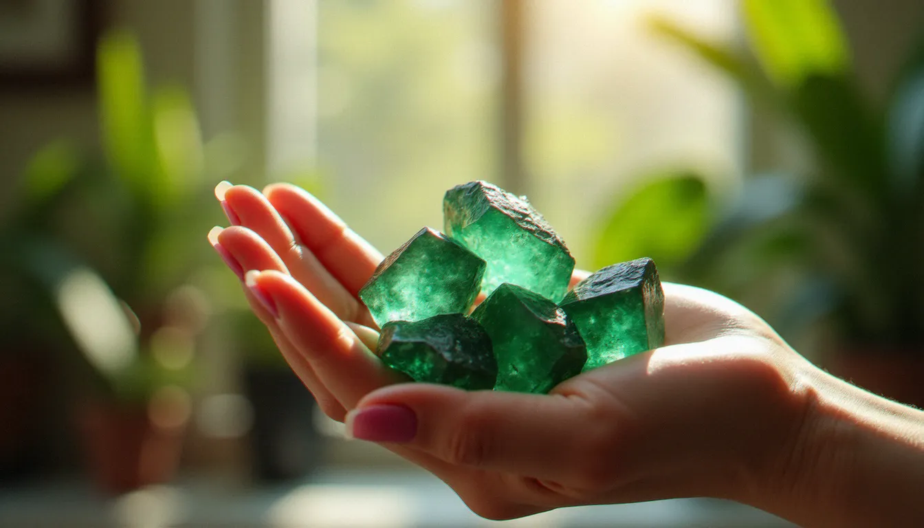 Main tenant des pierres brutes d'aventurine verte à la lumière de la fenêtre pour observer leur chatoiement naturel