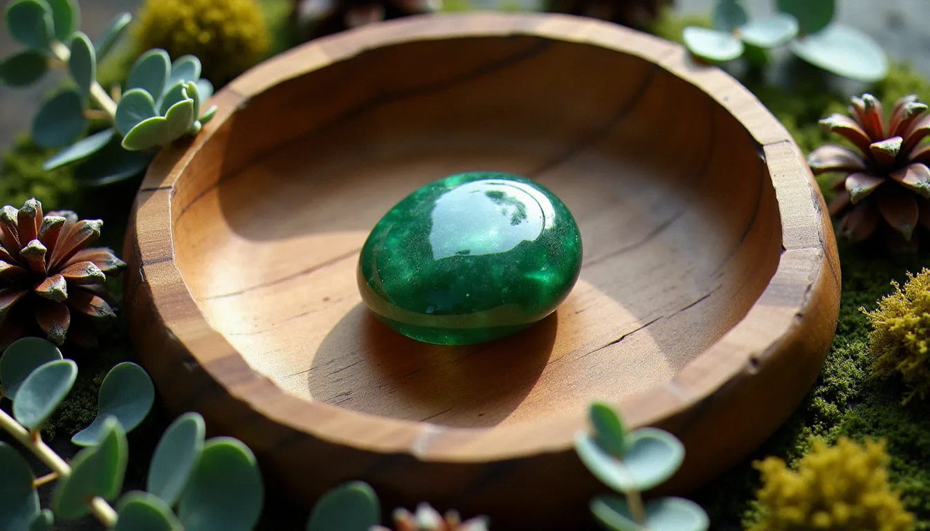 Plateau de méditation en bois avec une aventurine verte au centre entourée d'éléments botaniques séchés comme de l'eucalyptus et de la mousse