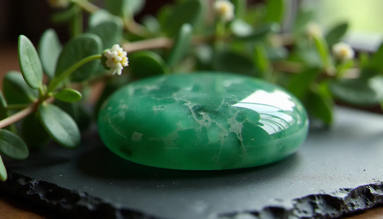 Pierre d'aventurine verte polie posée sur une surface en ardoise entourée de feuilles d'eucalyptus et de petites fleurs blanches