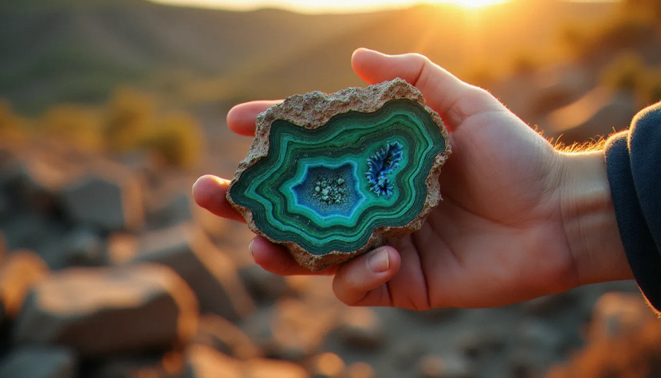 Main de géologue tenant un échantillon de roche cuprifère présentant une pseudomorphose azurite en malachite, lumière dorée naturelle sur fond de terrain minier