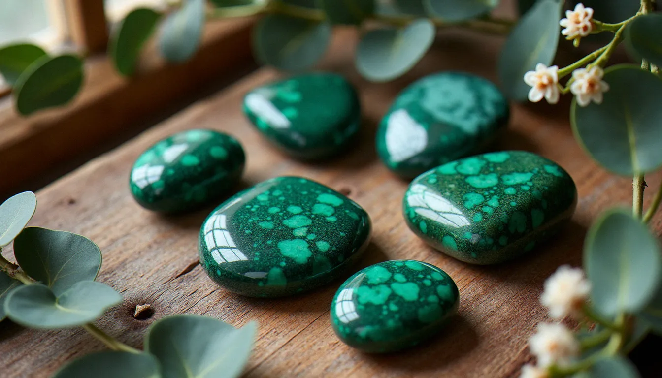 Composition en flat lay de cabochons et pierres brutes d'azurite malachite polis arrangés avec des brins d'eucalyptus séchés et de petites fleurs blanches sur bois clair