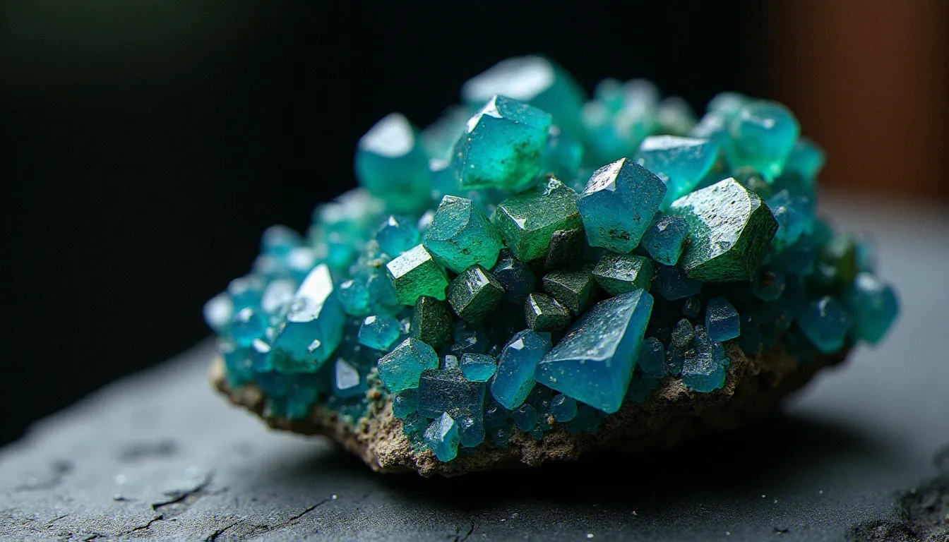 Spécimen brut d'azurite malachite posé sur ardoise noire, montrant les cristaux bleus de l'azurite et les formations vertes de la malachite, éclairage naturel latéral