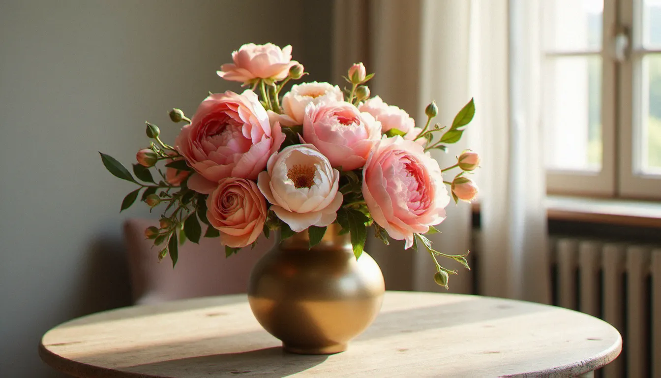 Composition florale dans les tons morganite — renoncules roses, pivoines corail et roses pêche — posée sur une table en bois dans un atelier parisien baigné de lumière naturelle