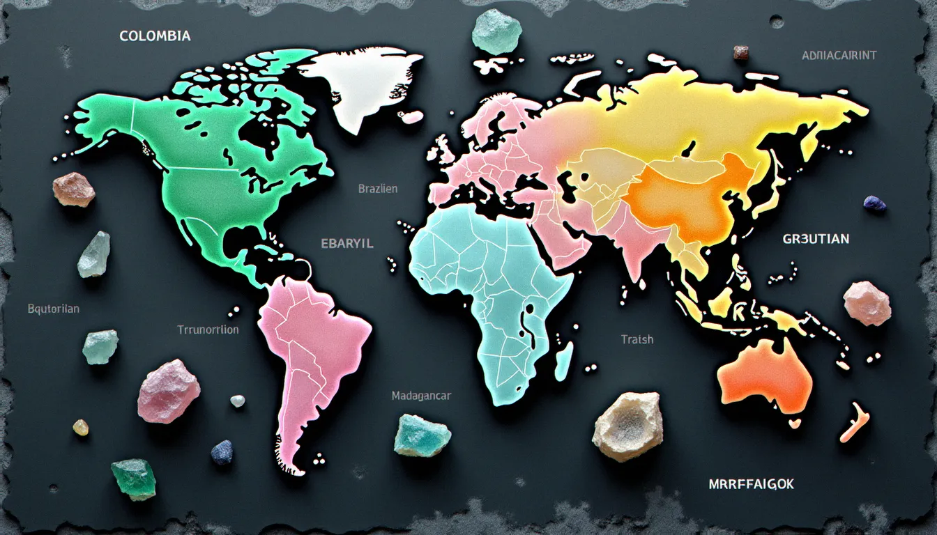 Collection de spécimens bruts de béryl — émeraude colombienne, aigue-marine brésilienne et morganite de Madagascar — présentés sur ardoise sombre, illustrant les principales origines géographiques du béryl dans le monde