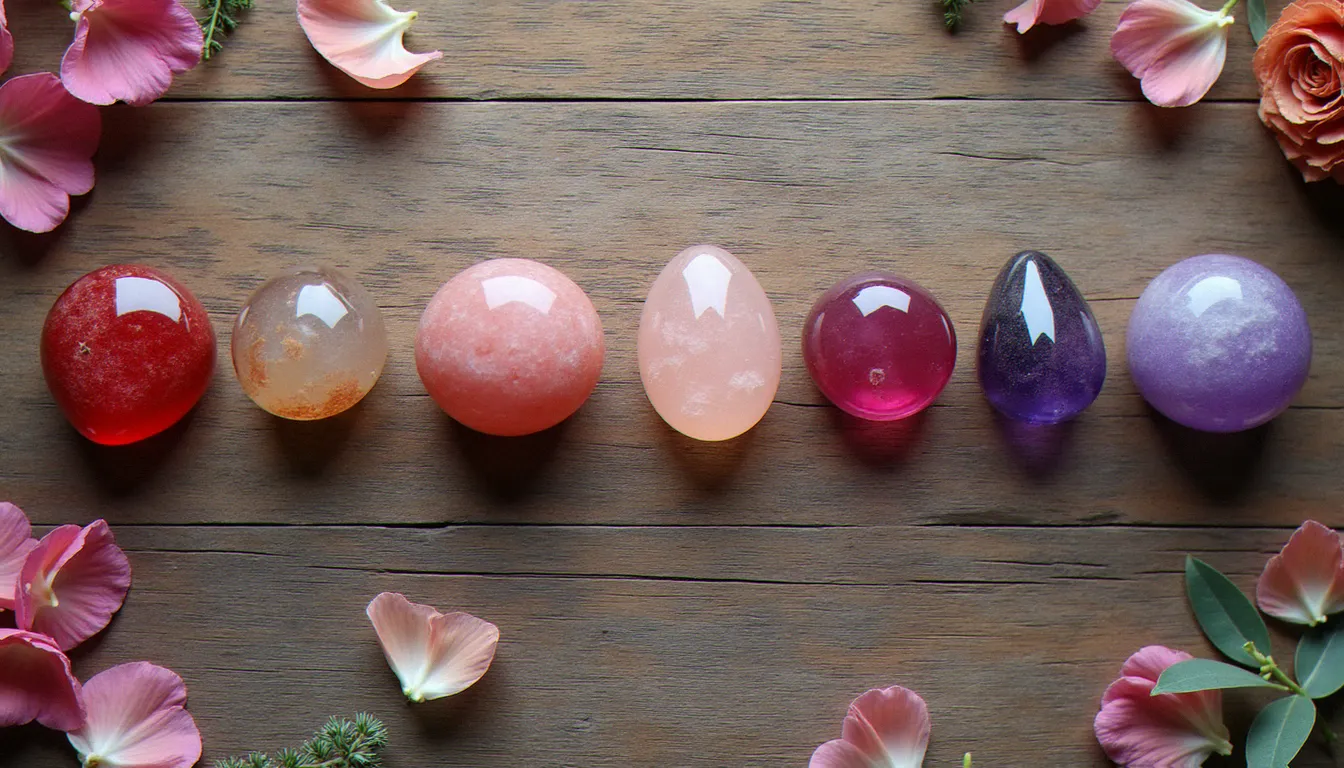 Les sept pierres correspondant aux chacras disposées en ligne sur bois naturel, entourées de pétales séchés, de la pierre racine rouge au cristal de couronne violet