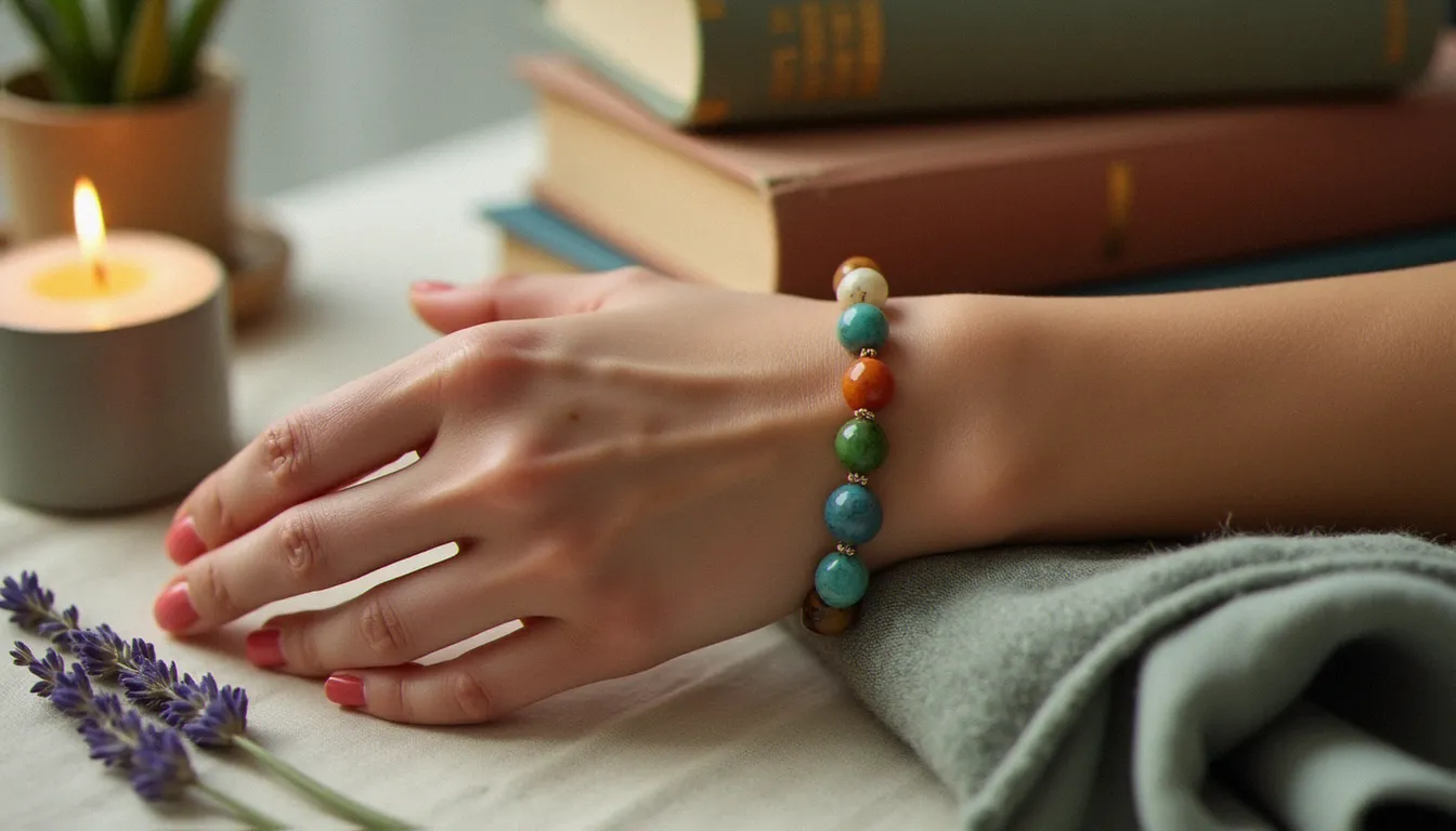 Poignet portant un bracelet 7 chacras en pierres naturelles, posé sur des livres de yoga avec une bougie blanche et de la lavande séchée dans une lumière matinale dorée