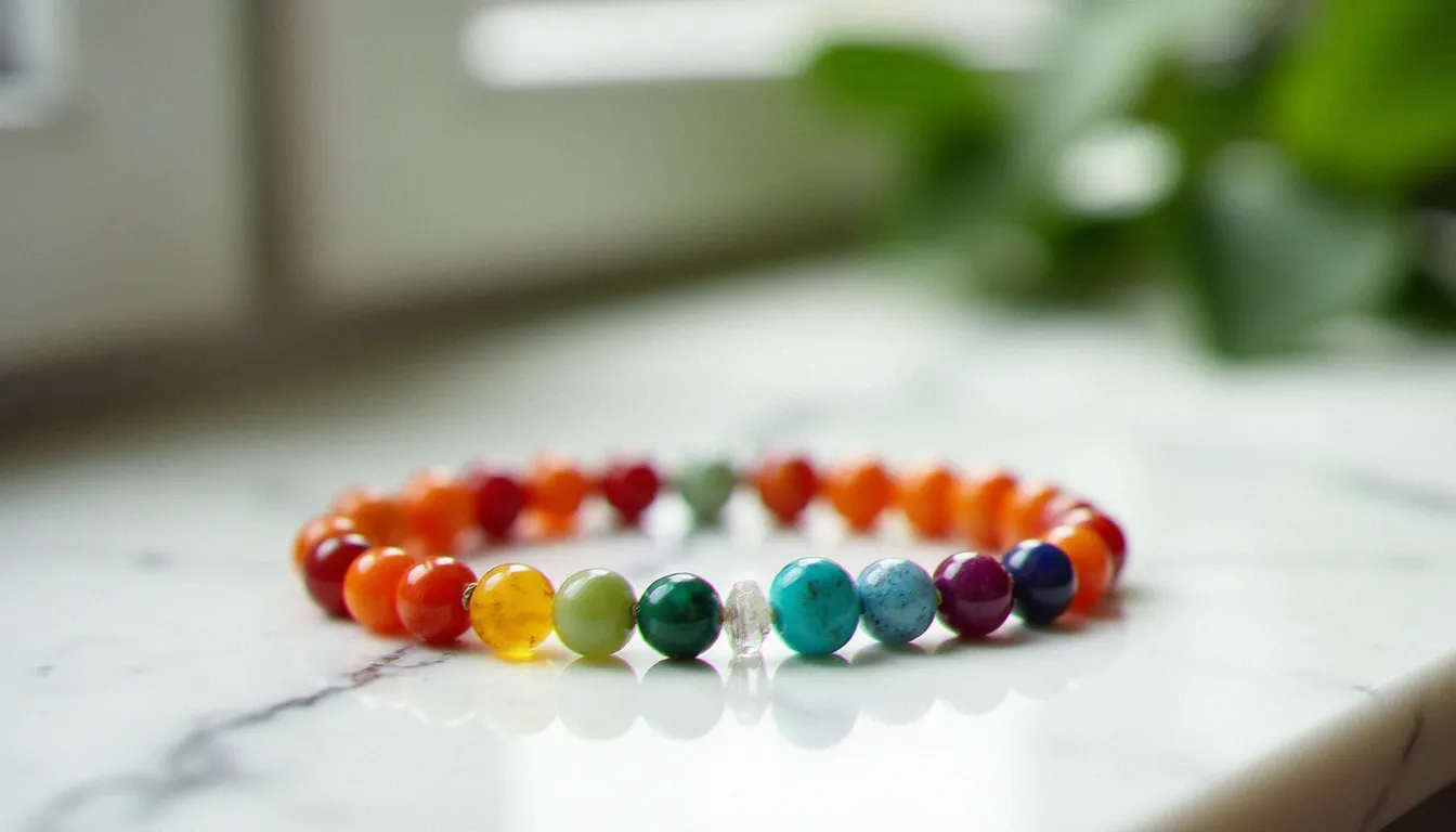 Bracelet 7 chacras en pierres naturelles posé sur marbre blanc, avec les sept gemmes colorées bien visibles dans la lumière naturelle