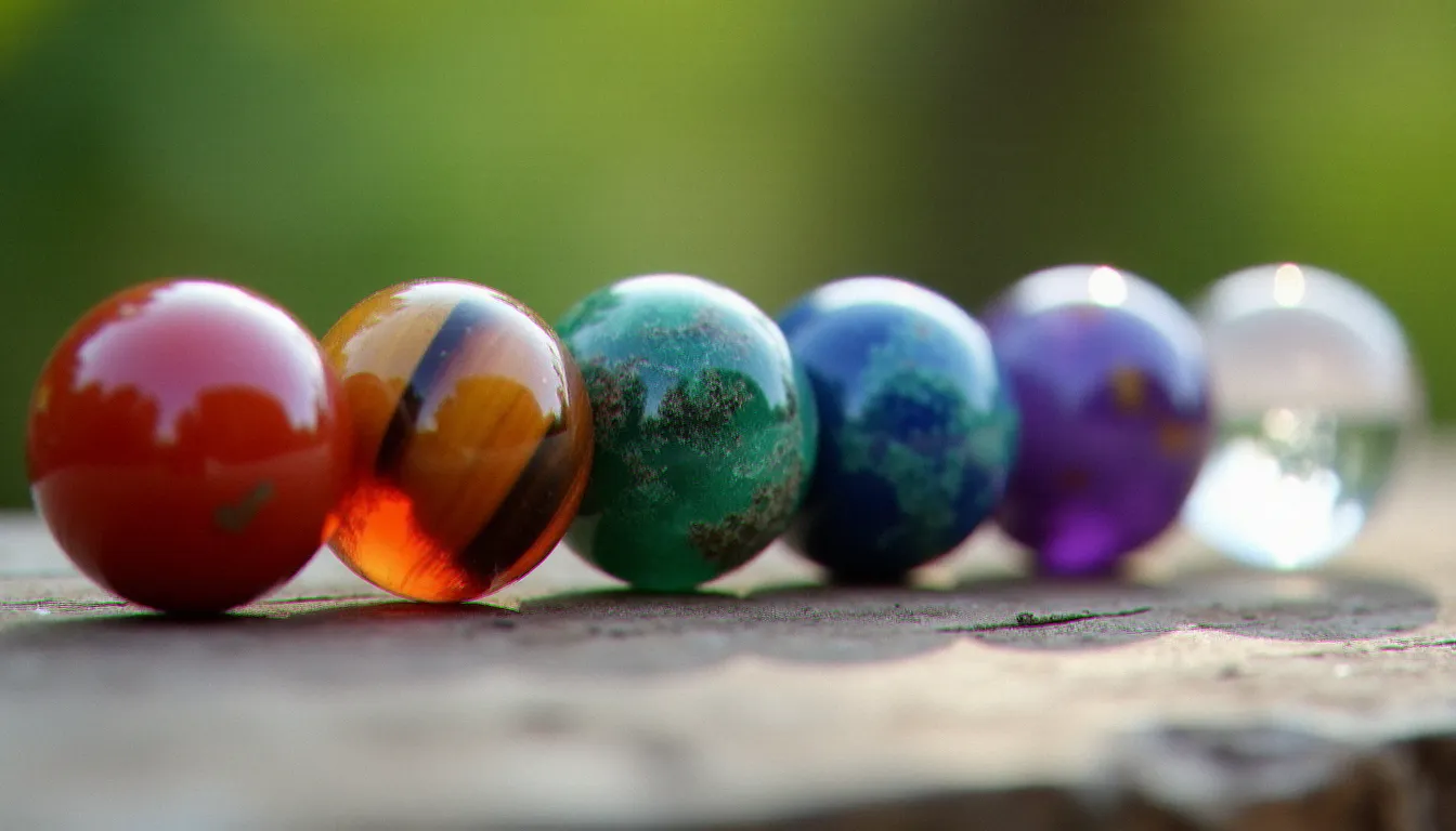 Les sept pierres semi-précieuses d'un bracelet chakras alignées sur bois, montrant jaspe rouge, cornaline, œil de tigre, aventurine, lapis-lazuli, améthyste et cristal de roche