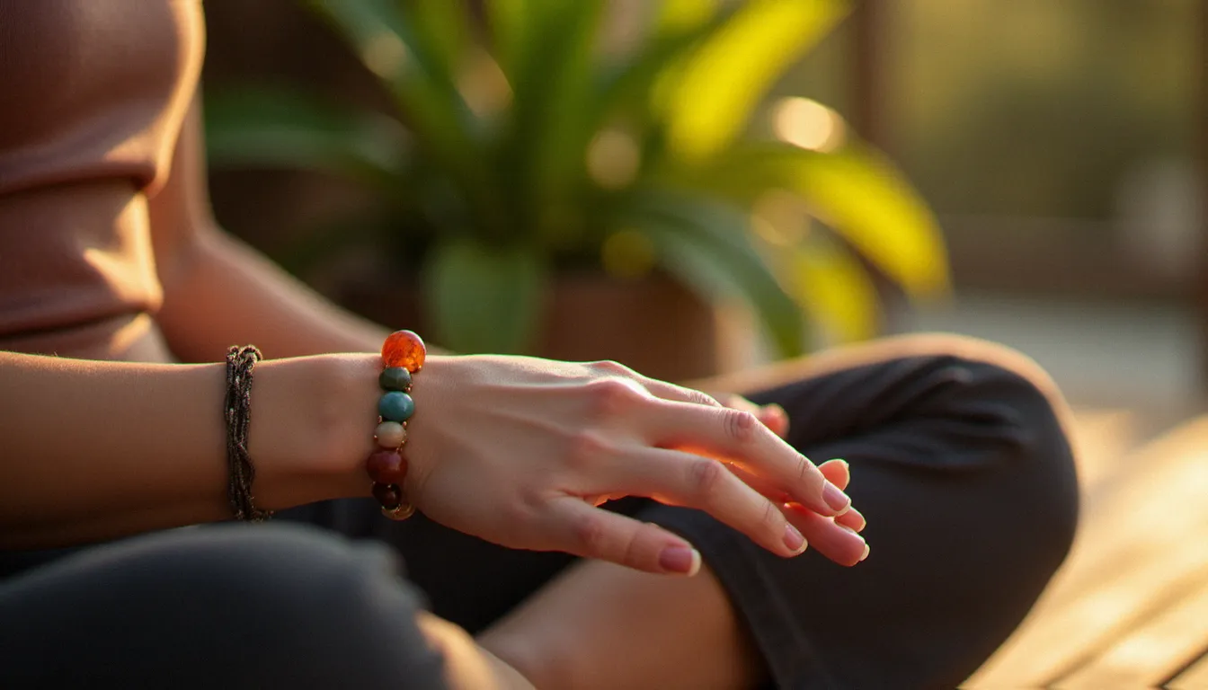 Poignet gauche d'une femme portant un bracelet 7 chakras coloré, posé sur un support en bois avec une plante verte en arrière-plan, lumière dorée d'intérieur
