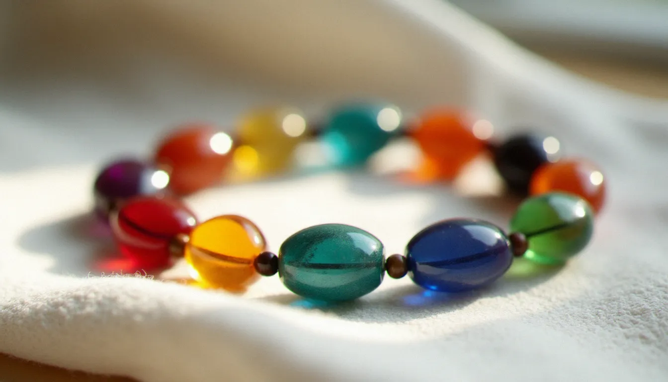 Bracelet 7 chakras composé de sept pierres naturelles colorées disposées en cercle sur un tissu lin blanc, photographié en macro avec lumière naturelle