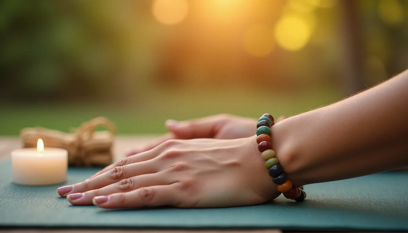 Poignet féminin portant un bracelet chacras en pierres naturelles posé sur un tapis de yoga, avec une bougie blanche et de la sauge séchée en arrière-plan
