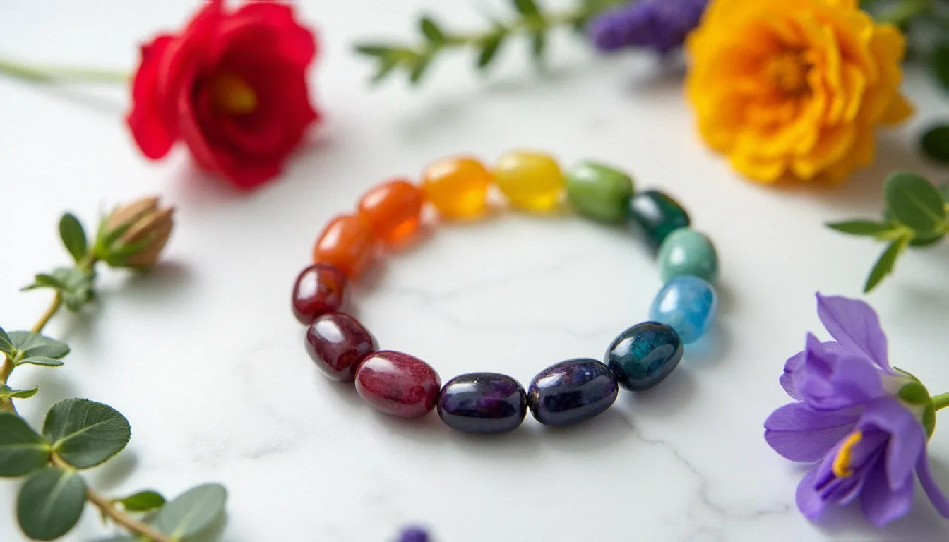 Bracelet chacras aux sept pierres colorées disposé en arc sur marbre blanc, entouré de fleurs naturelles correspondant à chaque couleur de chacra