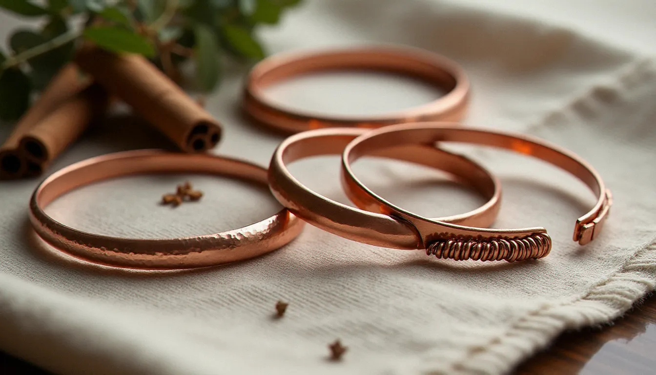 Plusieurs modèles de bracelets cuivre disposés sur du lin naturel avec des herbes séchées, illustrant les différents styles disponibles