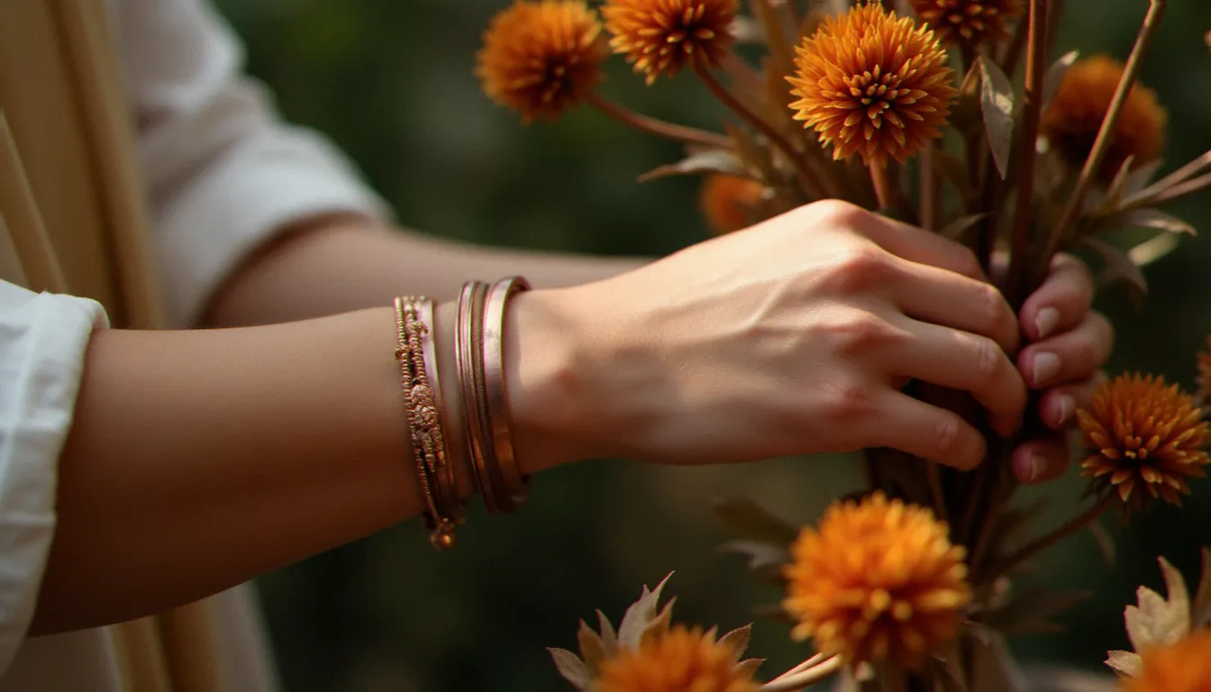 Poignet de femme orné d'un bracelet cuivre patiné dans un atelier botanique entouré de feuillages automnaux et de compositions florales séchées