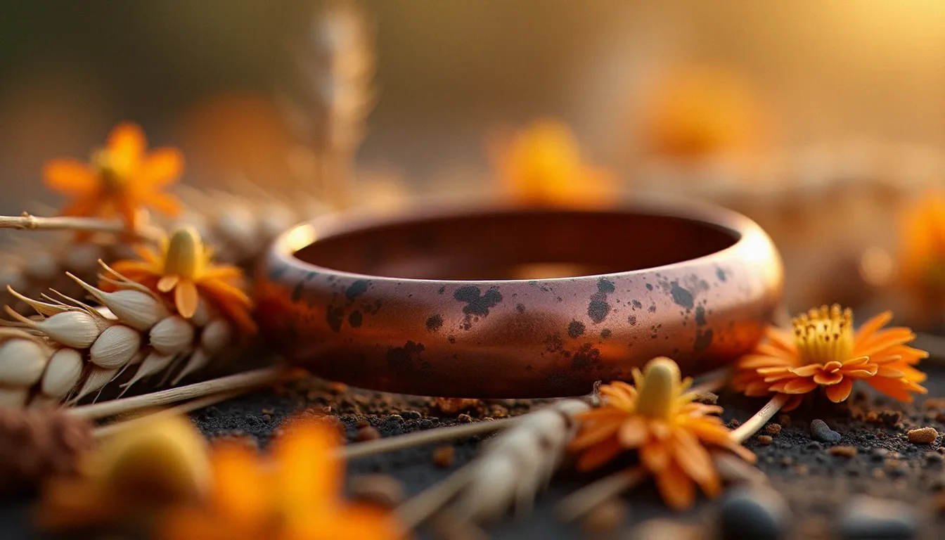 Bracelet cuivre artisanal martelé posé sur des fleurs séchées et des graminées dorées dans une lumière chaude aux tons automnaux