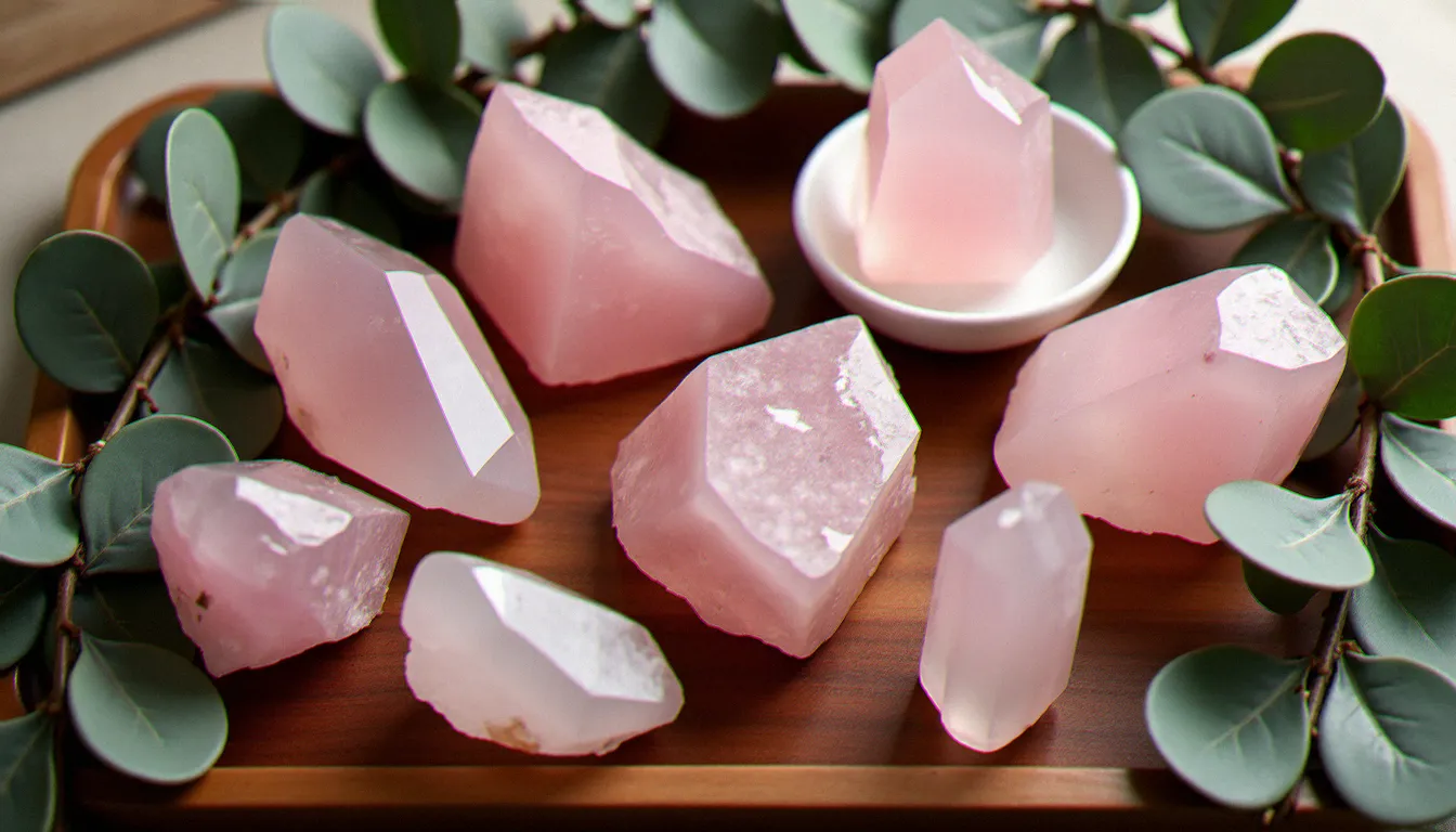 Cristaux bruts de quartz rose en différentes tailles présentés sur un plateau en bois avec de l'eucalyptus séché, vue du dessus