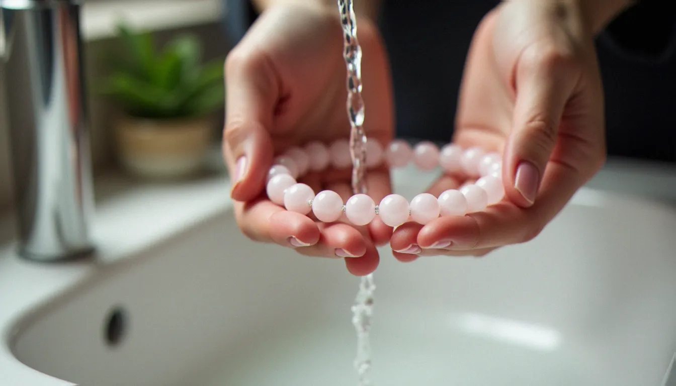 Bracelet quartz rose rincé délicatement sous un filet d'eau claire au-dessus d'un lavabo en céramique blanche lors de la purification