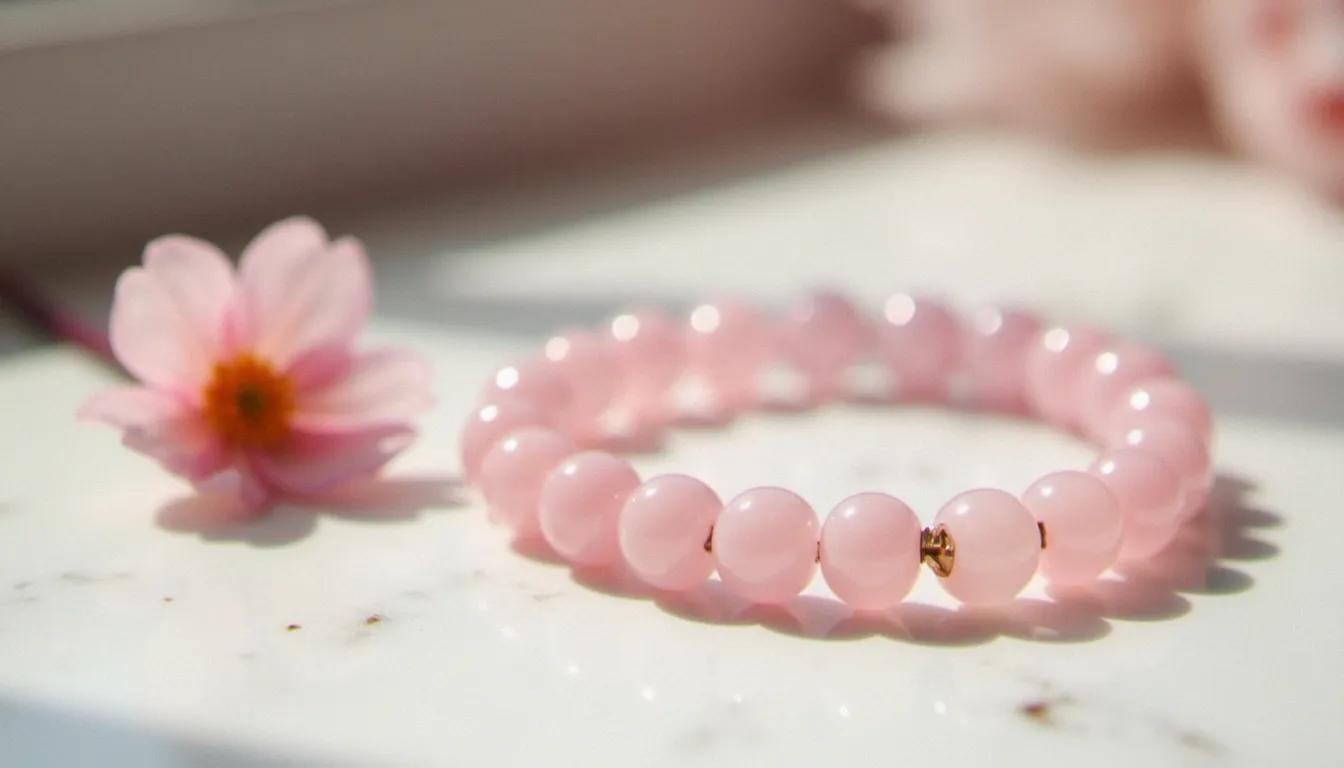 Bracelet quartz rose en perles naturelles posé sur du marbre blanc avec une fleur séchée rose, lumière naturelle douce