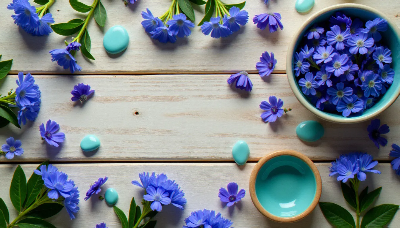 Composition florale bleue à plat avec myosotis, bourrache et bleuets associés aux correspondances du chakra gorge