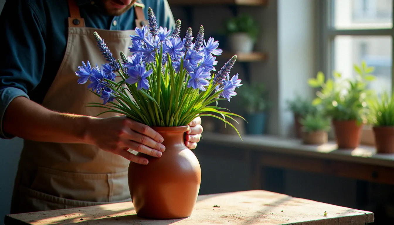 Mains de fleuriste arrangeant un bouquet de fleurs bleues — agapanthes et lavande — symbolisant l'ouverture du chakra gorge