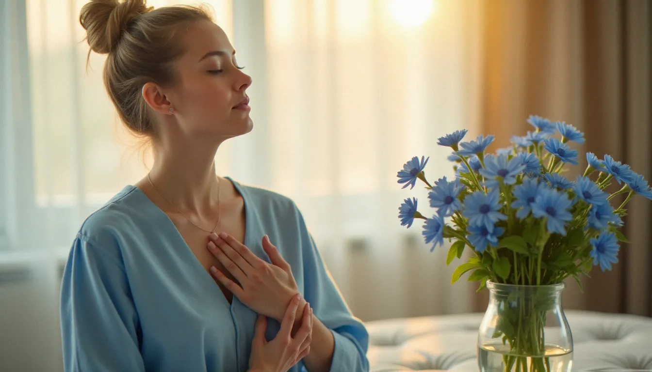 Femme en méditation posant la main sur sa gorge, entourée de fleurs bleues évoquant le chakra gorge