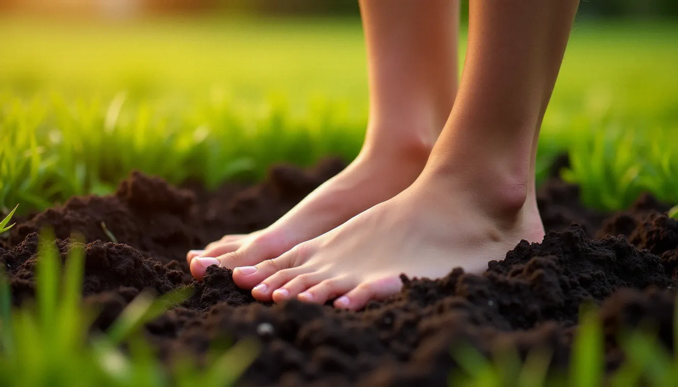 Pieds nus d'une femme ancrés dans la terre humide d'un jardin, pratique de grounding pour équilibrer le chakra racine