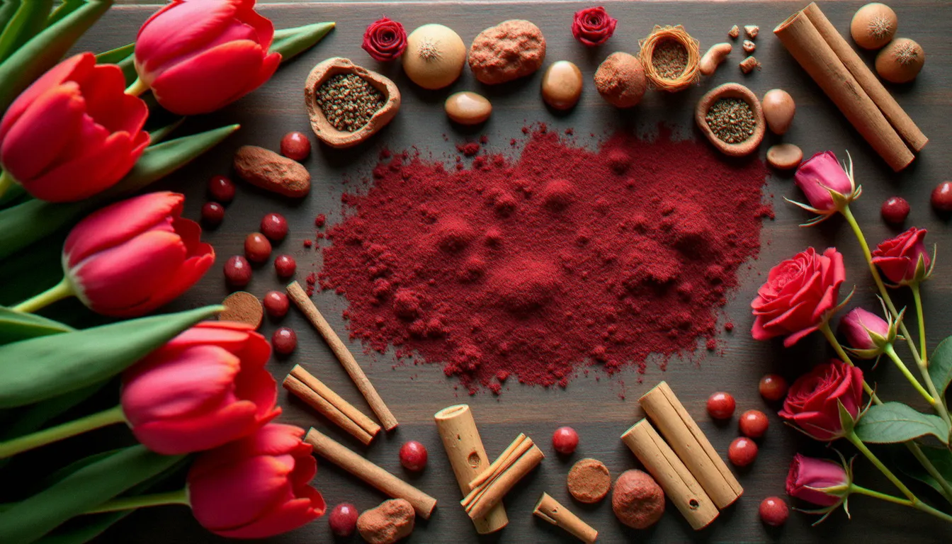 Composition florale et végétale rouge sur une table en bois associant tulipes rouges, racines de vétiver et grenats pour le chakra racine