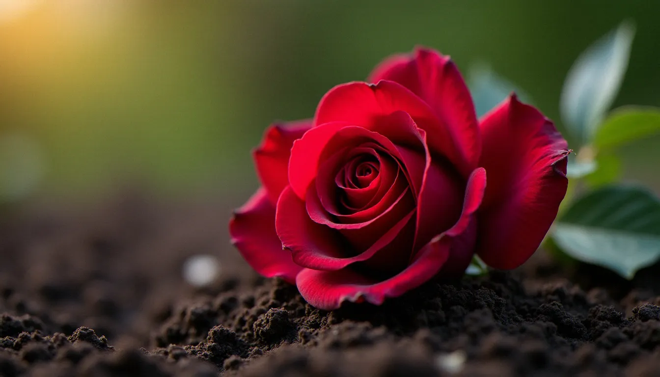 Rose rouge en pleine floraison posée sur une terre sombre et fertile, illustrant l'énergie du chakra racine