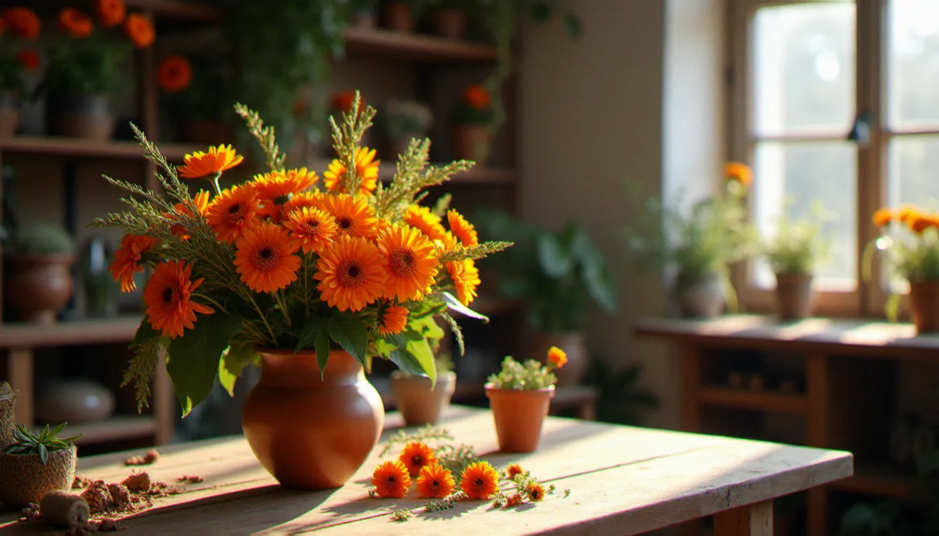 Composition florale orangée avec soucis et roses dans un vase en terre cuite, fleurs associées au chakra sacré dans un atelier floral parisien
