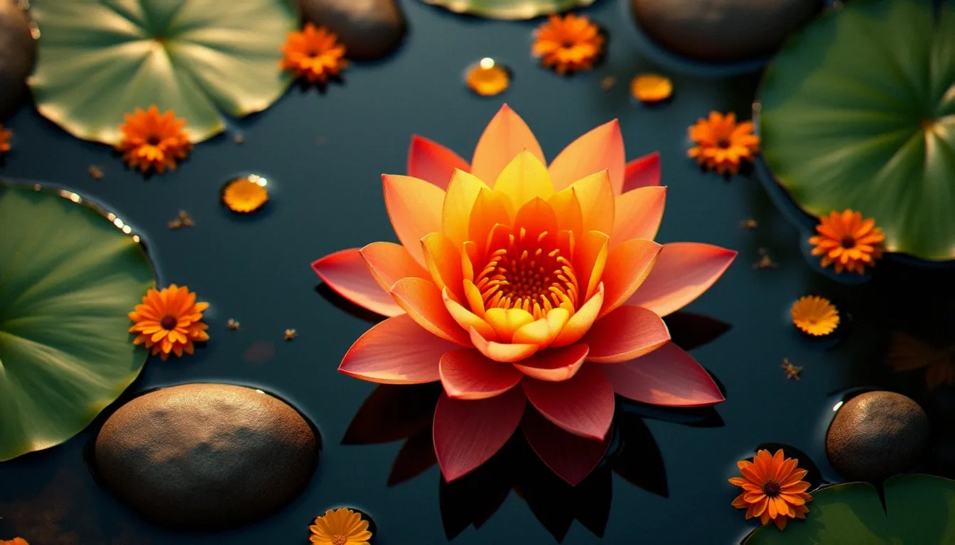 Fleur de lotus orange symbolisant le chakra sacré, posée sur une surface d'eau sombre entourée de pétales de souci