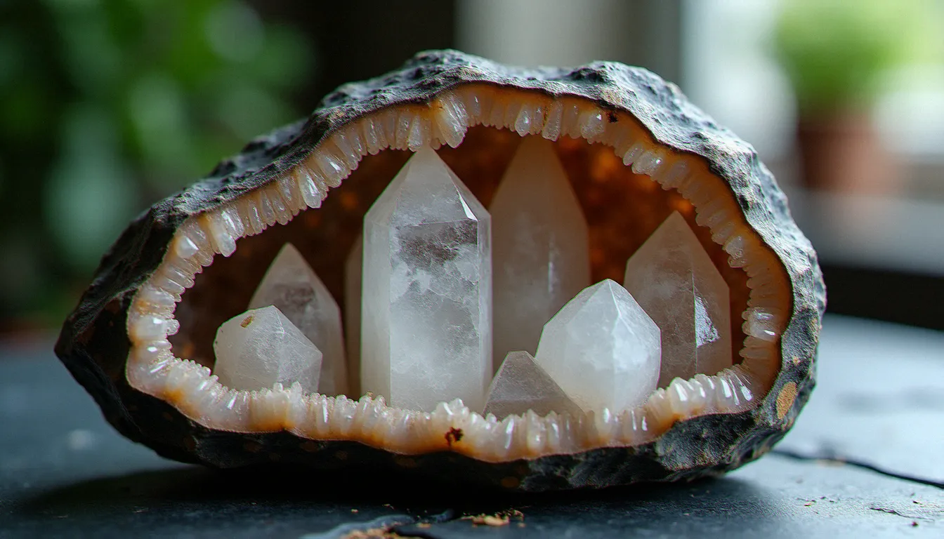 Géode de cristal de roche ouverte révélant des pointes de quartz hyalin transparentes aux inclusions naturelles, posée sur une surface en ardoise sombre