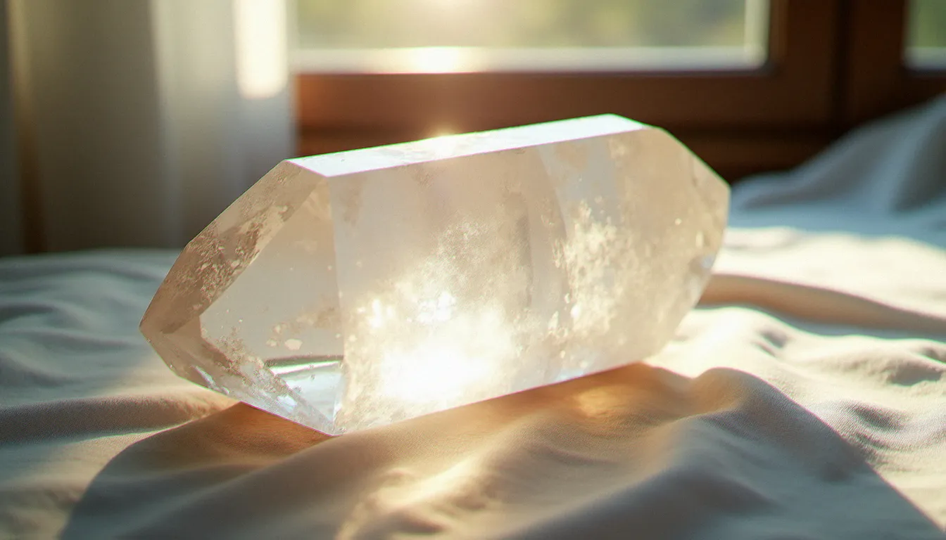 Pointe de cristal de roche brut posée sur un tissu de lin blanc, avec des reflets lumineux projetés par la lumière naturelle traversant la fenêtre