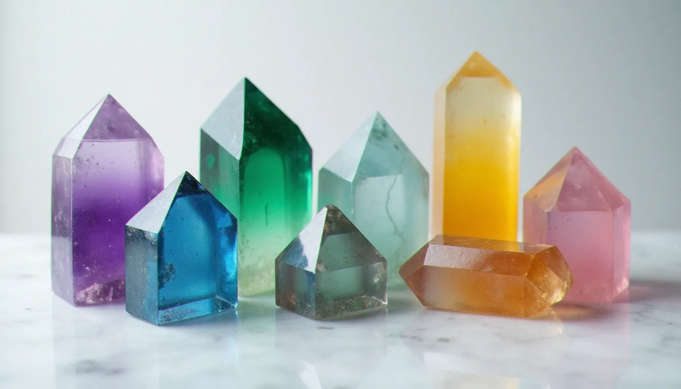 Collection de spécimens de fluorine aux couleurs variées — violet, vert, bleu, jaune et incolore — disposés sur du marbre blanc en lumière douce