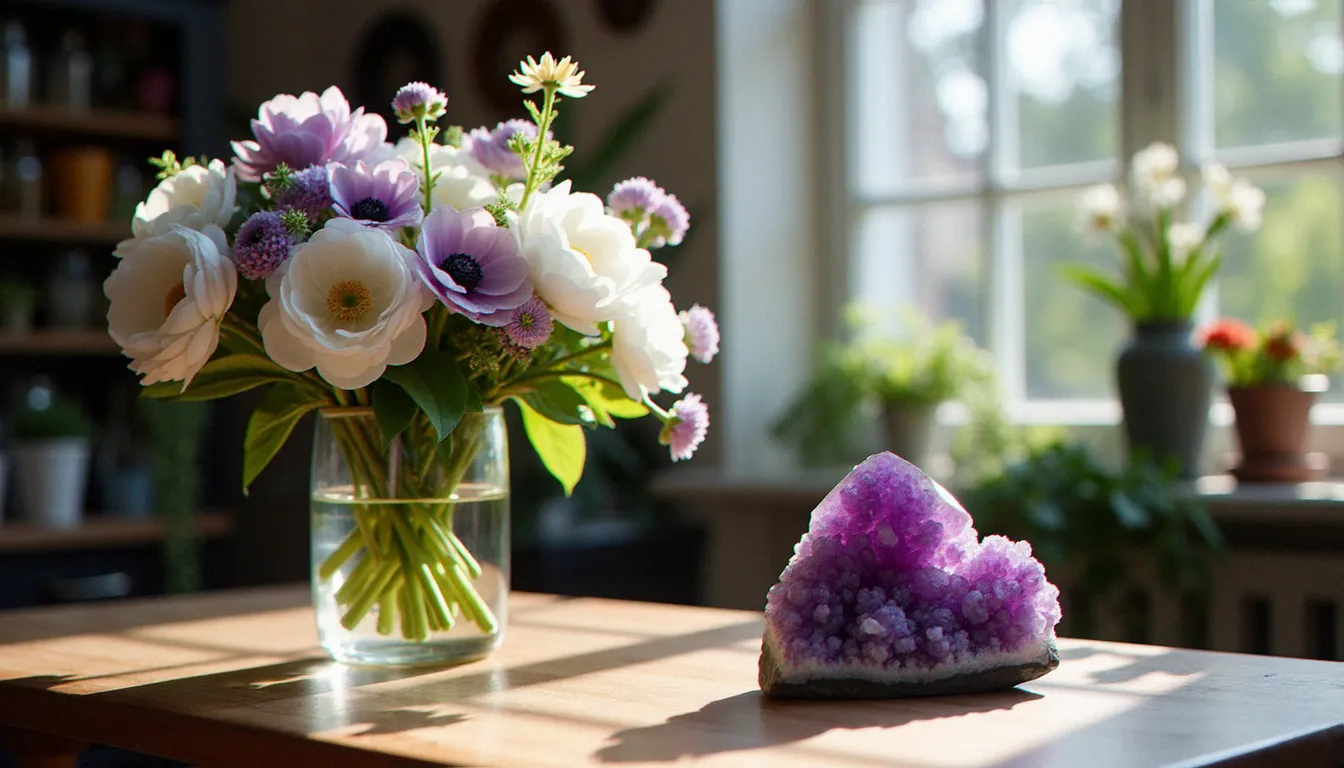 Atelier de fleuriste parisien avec une composition florale blanche et lavande en vase en verre, un cristal de fluorine violet posé à côté sur une table en bois dans la lumière de l'après-midi