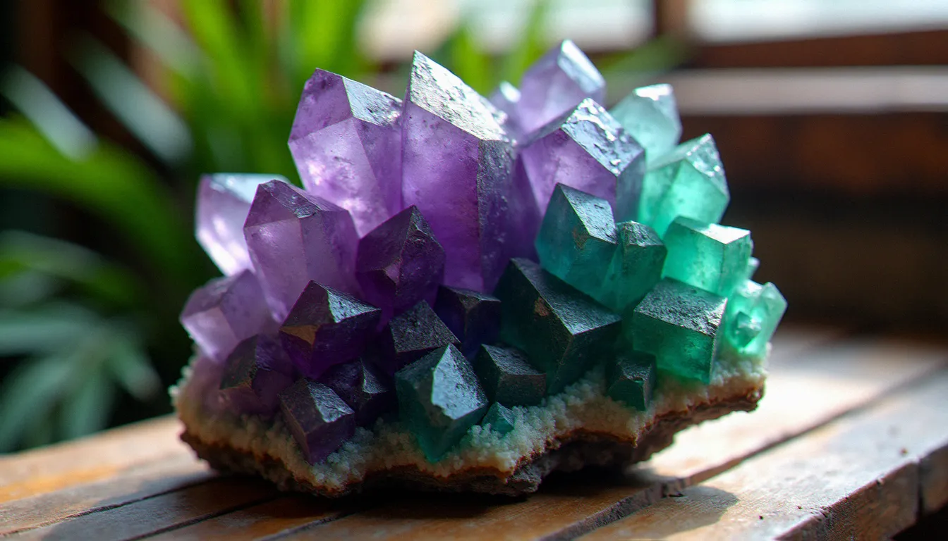 Amas de cristaux de fluorine violet et vert posé sur une surface en bois, éclairé par la lumière naturelle d'une fenêtre