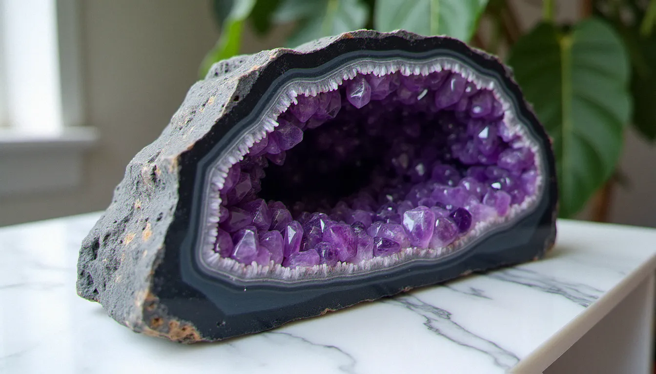 Coupe géologique d'une géode améthyste montrant la cavité basaltique tapissée de cristaux violets bien formés