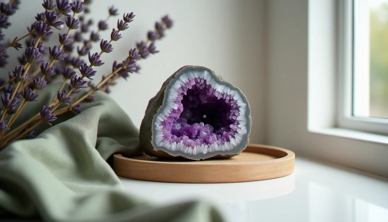 Demi-géode améthyste intégrée dans une décoration intérieure épurée avec de la lavande séchée et du lin naturel sur une étagère en bois clair