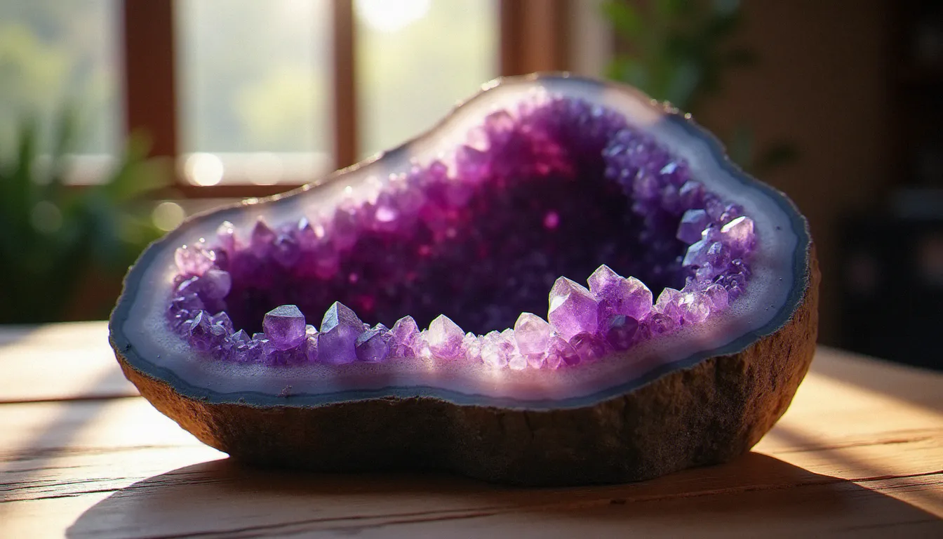 Grande géode améthyste ouverte posée sur une surface en bois naturel, cristaux violets captant la lumière de fin d'après-midi