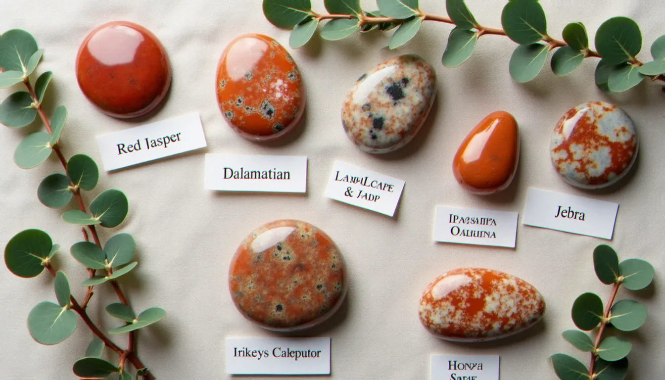 Collection de différentes variétés de jaspe — rouge, dalmatien, paysage et zèbre — présentées sur un tissu de lin avec des branches d'eucalyptus