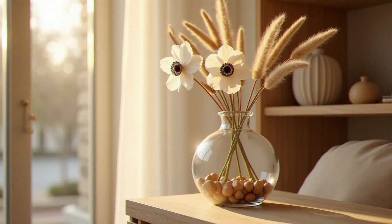 Vase en verre contenant des galets de jaspe polis et des anémones blanches dans un intérieur parisien lumineux, association minéral et floral dans une décoration épurée