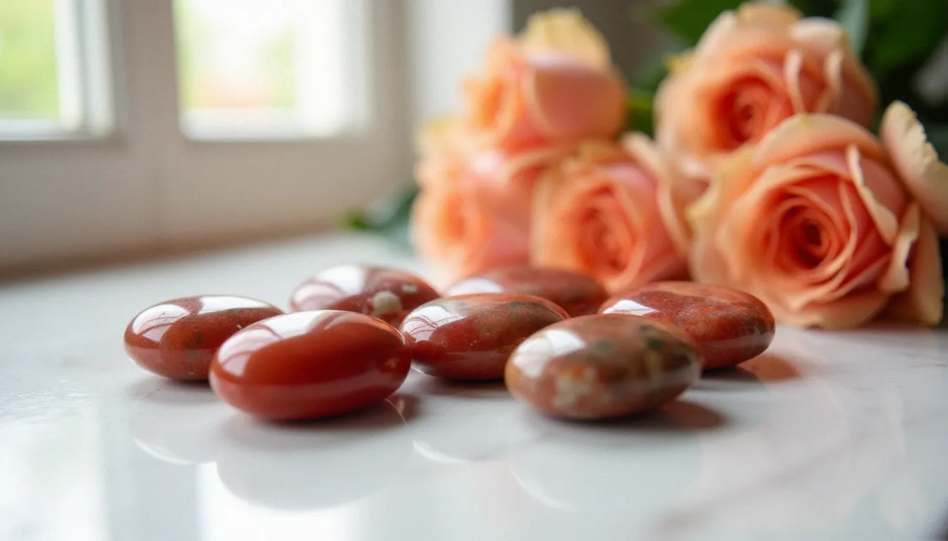 Galets de jaspe rouge et jaspe océan polis disposés près de roses anglaises sur du marbre blanc, composition naturelle illustrant le jaspe en décoration florale