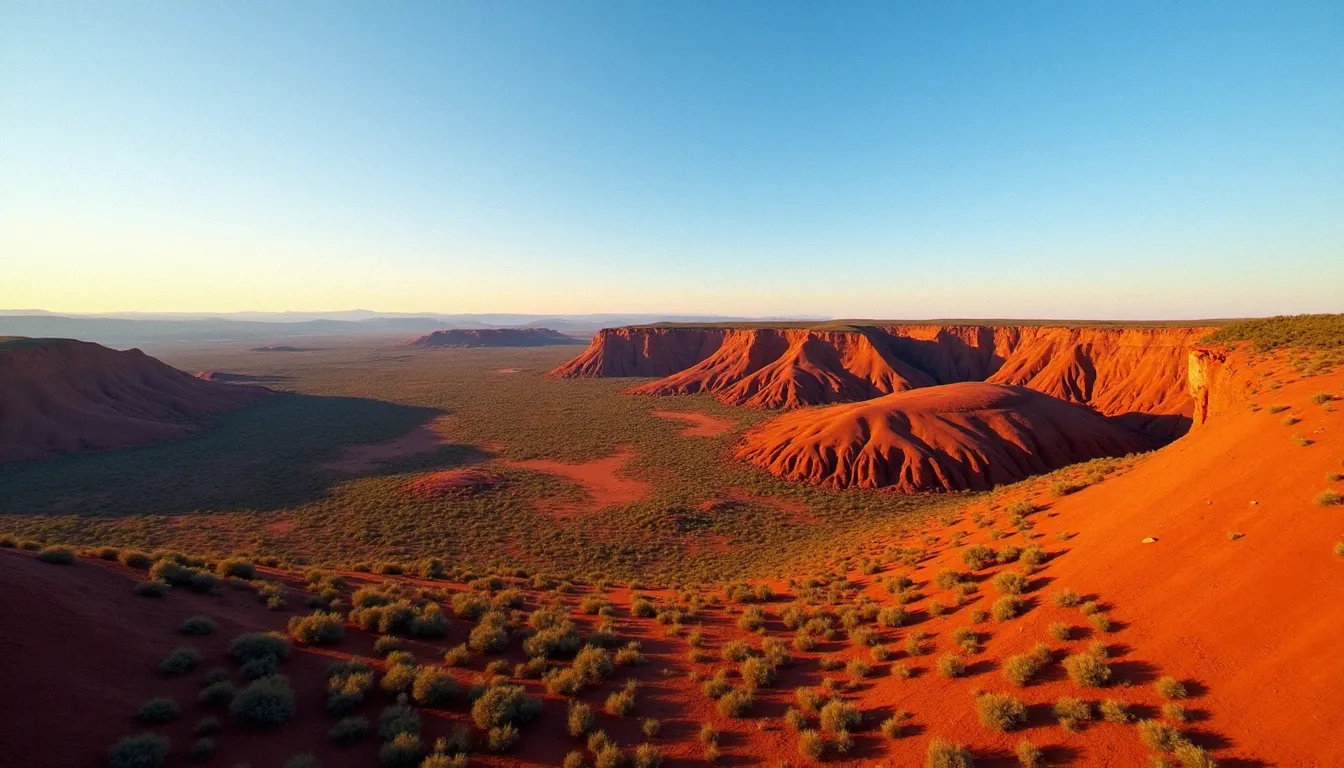 Paysage désertique rouge de Kennedy Range en Australie-Occidentale, région d'extraction du jaspe mokaite, vue aérienne sous lumière dorée