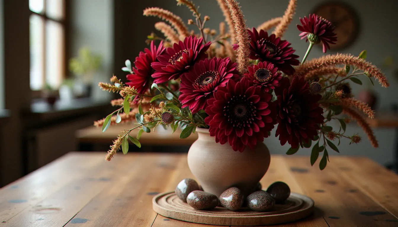 Composition florale automnale avec dahlias bordeaux, célosies séchées et pierres de jaspe mokaite brutes au pied d'un vase en grès, lumière intérieure chaleureuse