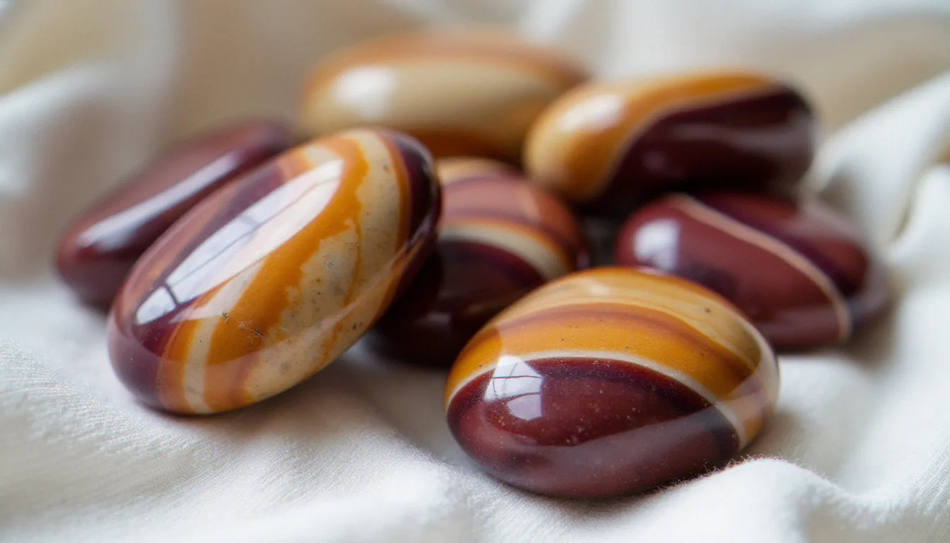 Plusieurs pierres de jaspe mokaite poli aux reflets bordeaux, ocre et crème disposées sur un tissu de lin blanc sous lumière naturelle