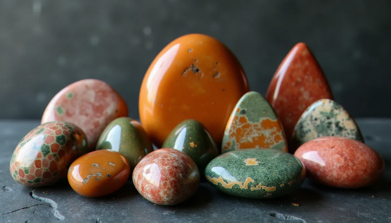 Collection de plusieurs variétés de jaspe paysage provenant du Maroc, de Namibie et de Madagascar, disposées sur une ardoise sombre, montrant la diversité des couleurs et des motifs