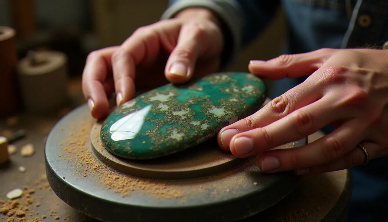 Mains d'un artisan lapidaire polissant un cabochon de jaspe paysage sur un tour dans un atelier, révélant progressivement les motifs paysagers naturels de la pierre