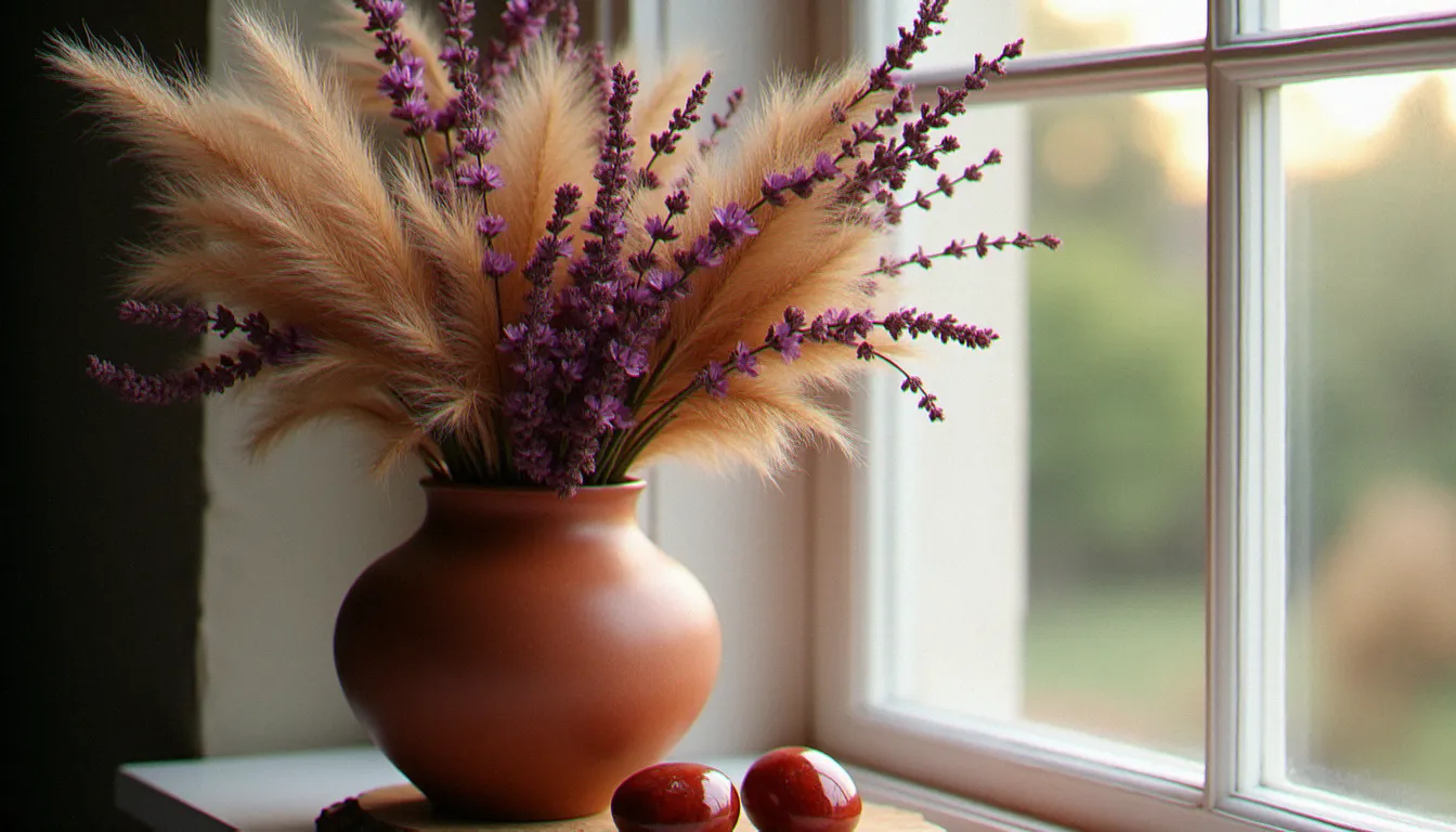 Composition florale séchée dans un vase en terre cuite avec des herbes de la pampa et des immortelles bordeaux, accompagnée de pierres de jaspe rouge posées à la base du bouquet